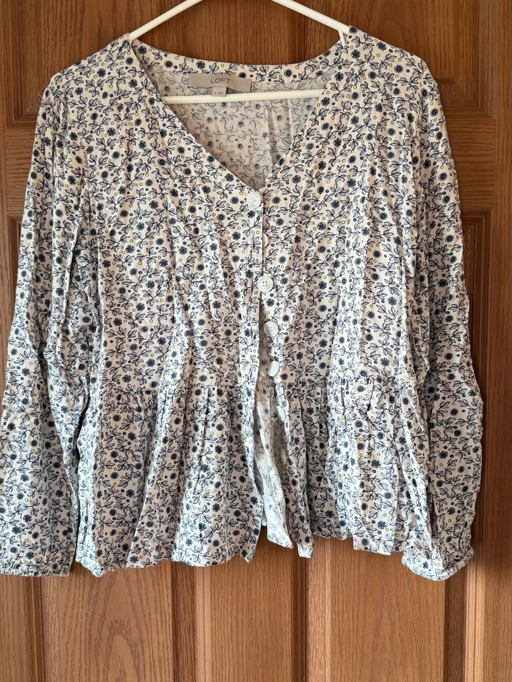 LOFT White Button-Front Floral Peplum Shirt with Navy Print
